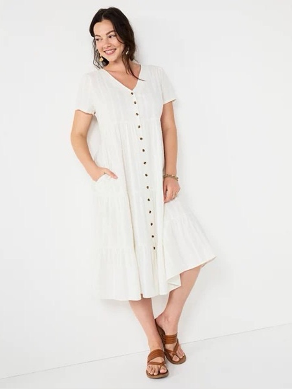 Sonoma | Button-Front Midi Dress | Tiered Skirt | Cream | Medium | 46” Length